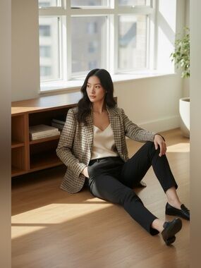 Commense Houndstooth Blazer in Beige and Black with Gold Buttons
